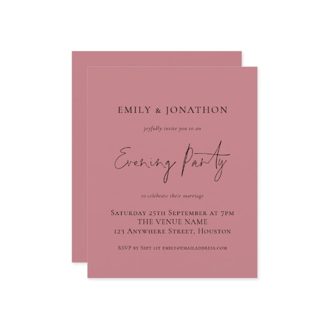 Budget Dusty Rose Wedding Evening Party Invite (Front/Back In Situ)