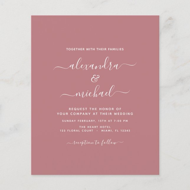 Budget Dusty Rose Wedding Modern Typography Flyer (Front)