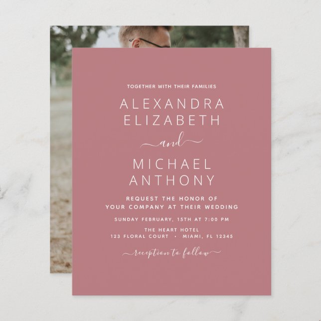 Budget Dusty Rose Wedding with Photo Invitation (Front/Back)