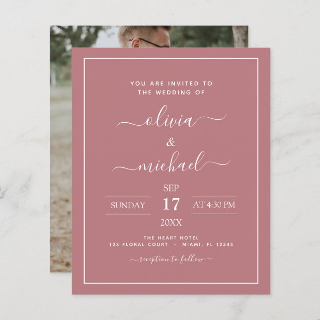 Budget Dusty Rose Wedding with Photo Invitation (Front/Back)