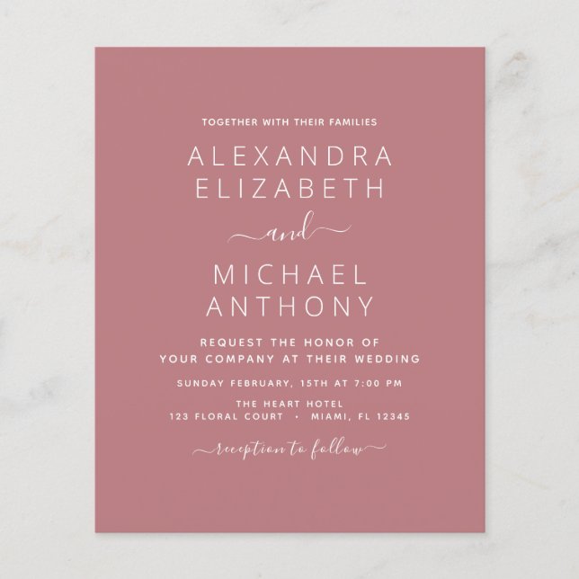 Budget Dusty Rose Wedding with Photo Invitation Flyer (Front)