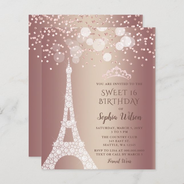 Budget Eiffel Tower Rose Gold Sweet 16  Invitation (Front/Back)
