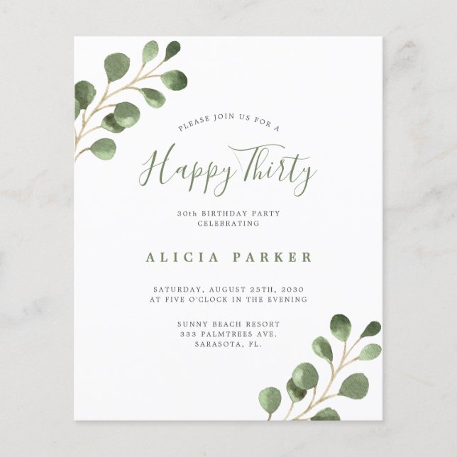 Budget elegant 30 years birthday party invitation (Front)