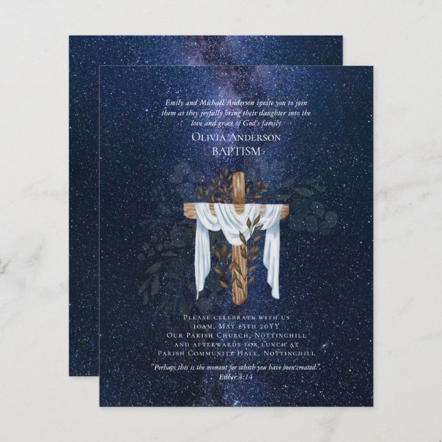 BUDGET Elegant BAPTISM Invite Navy Starry Night (Front/Back)