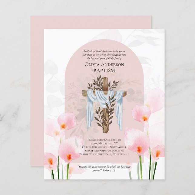 BUDGET Elegant BAPTISM Invite Pink Calla Lilys (Front/Back)