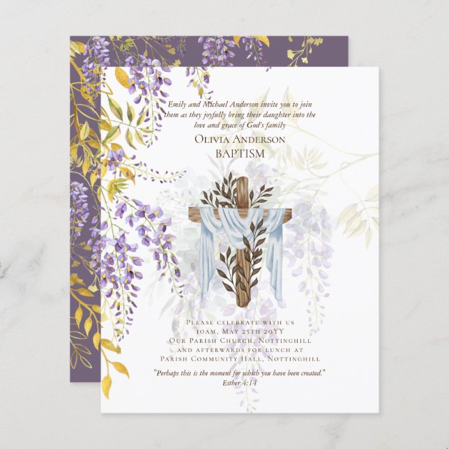 BUDGET Elegant BAPTISM Invite Wisteria Purple (Front/Back)