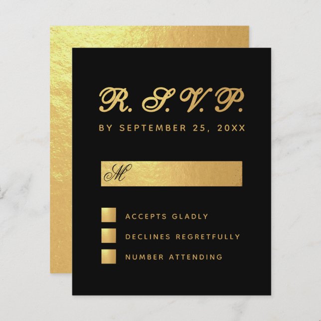 Budget Elegant Black Faux Gold Script Wedding RSVP (Front/Back)