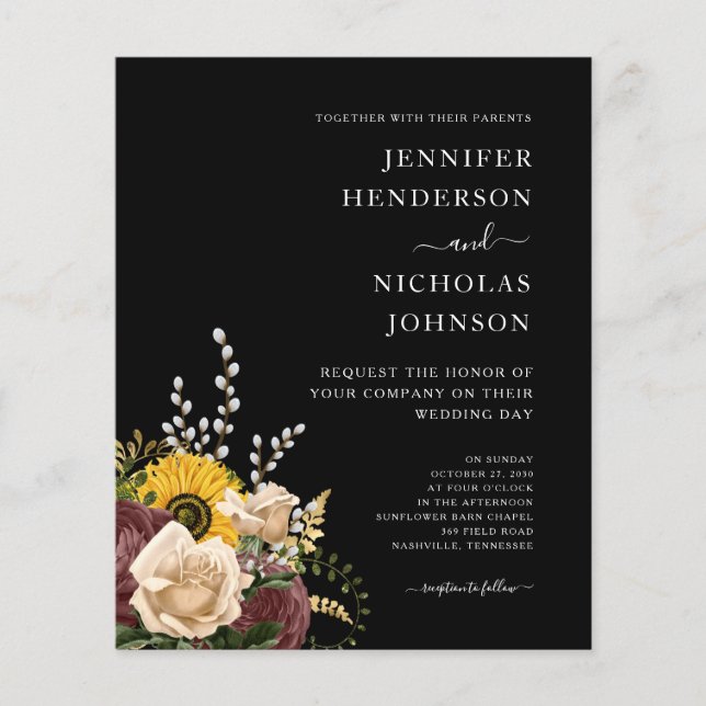 Budget Elegant Black Floral Wedding Invitation  Flyer (Front)