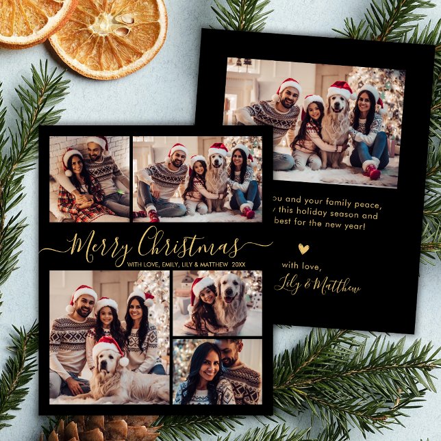 Budget Elegant Black Gold 5 Photo Christmas Card (Creator Uploaded)