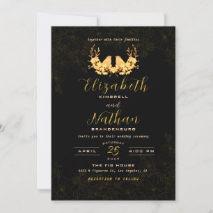 Budget Elegant Black Gold Birds Wedding Invite