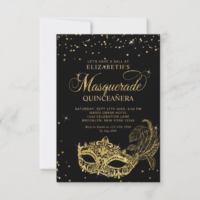 BUDGET Elegant Black Gold Masquerade Quinceañera Card (Front)