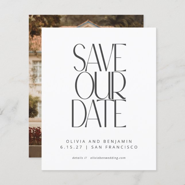Budget Elegant Black White Photo Save The Date (Front/Back)