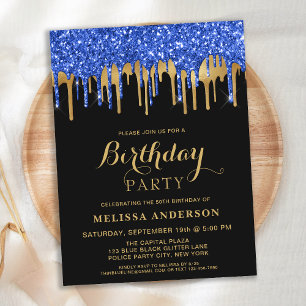 Budget Elegant Blue Gold Glitter Drips Birthday