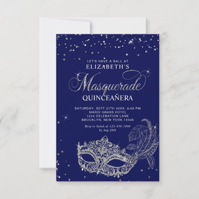 BUDGET Elegant Blue Silver Masquerade Quinceañera Card (Front)