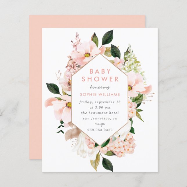 Budget Elegant Blush & Gold Floral Baby Shower (Front/Back)