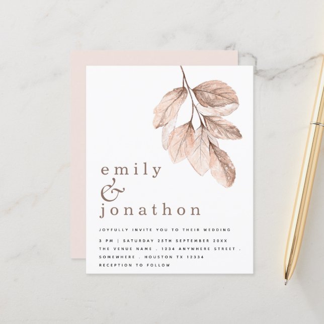 Budget Elegant Blush Leaves Wedding Invitation (Front/Back In Situ)