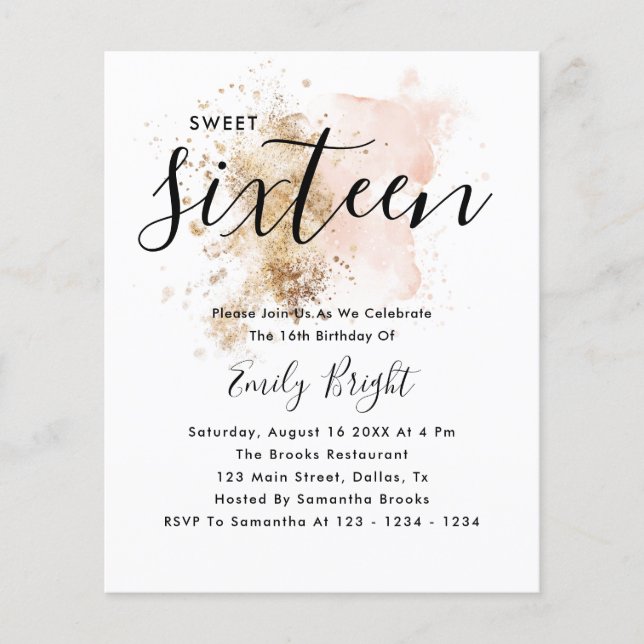 Budget Elegant Blush Pink & Gold Sweet 16 Invite Flyer (Front)