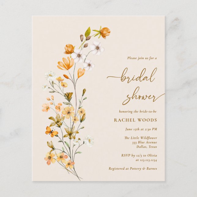 BUDGET Elegant Boho Wildflower Bridal Shower Flyer (Front)