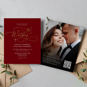 BUDGET Elegant Burgundy Gold QR Code Rsvp Wedding
