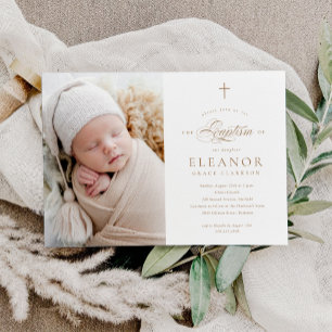 Budget Elegant Cross Calligraphy Photo Baptism Invitation