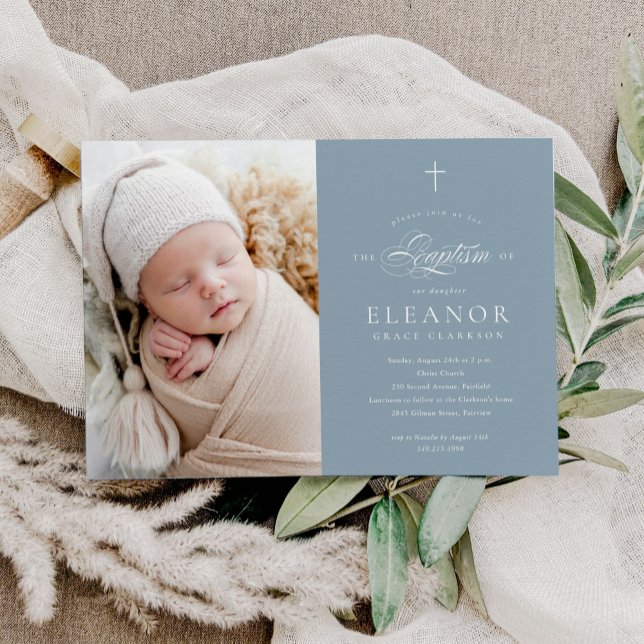 Budget Elegant Cross Calligraphy Photo Baptism Invitation (Creator Uploaded)