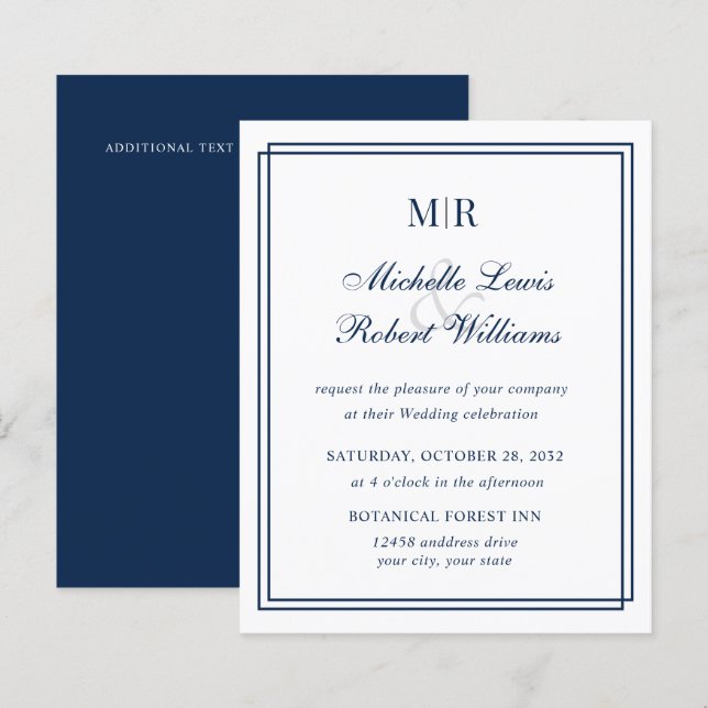 BUDGET Elegant Double Border Monogram Navy Wedding (Front/Back)