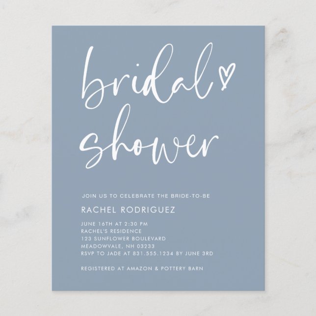 Budget Elegant Dusty Blue Bridal Shower Invitation Flyer (Front)