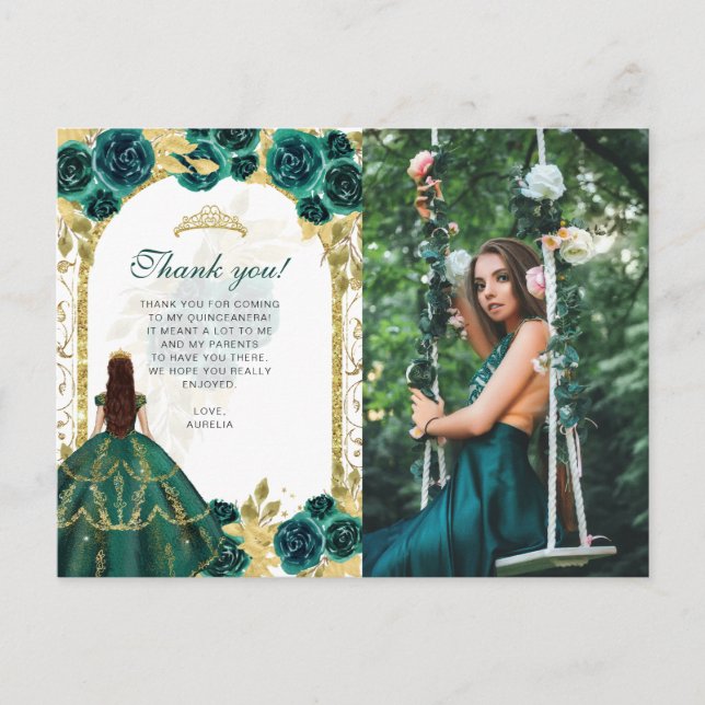 Budget Elegant Emerald Floral Photo Quinceañera Postcard (Front)