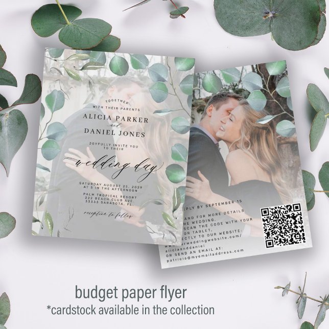 Budget elegant eucalyptus photo wedding invitation flyer (Creator Uploaded)