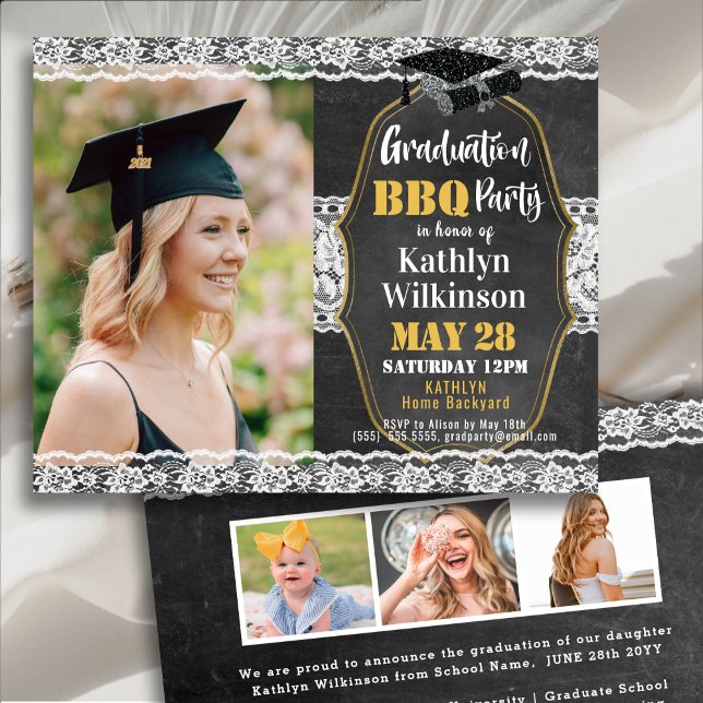 BUDGET Elegant Floral Lace 4 Photo GRAD Invitation (Creator Uploaded)
