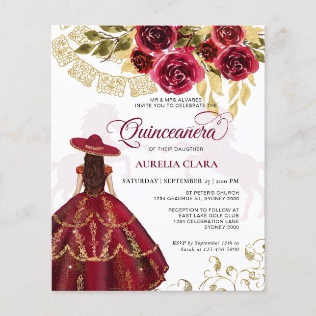 Budget Elegant Floral Ruby Red Horse Quinceañera (Front)