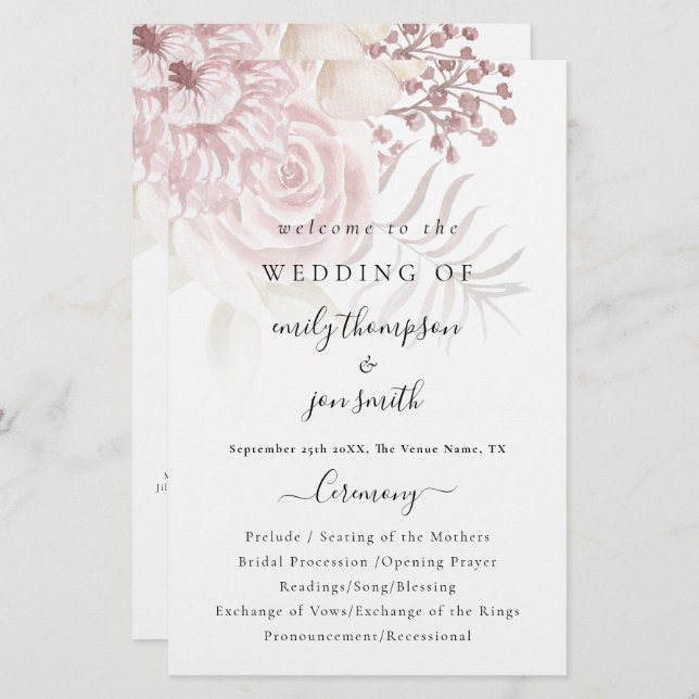 Budget Elegant Florals Script Pink Wedding Program (Front/Back)