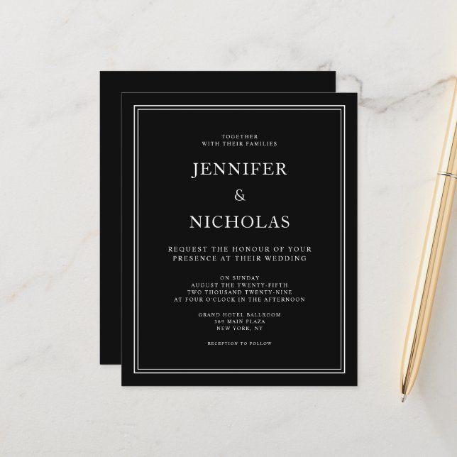 Budget Elegant Formal Black Wedding Invitation (Front/Back In Situ)