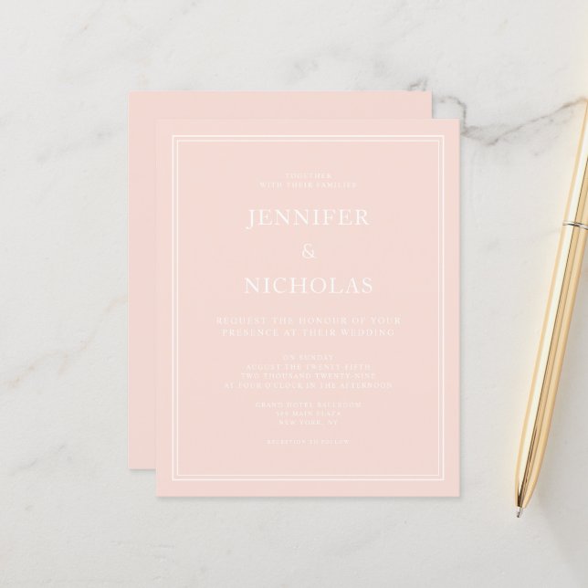 Budget Elegant Formal Blush Pink Wedding Invite (Front/Back In Situ)