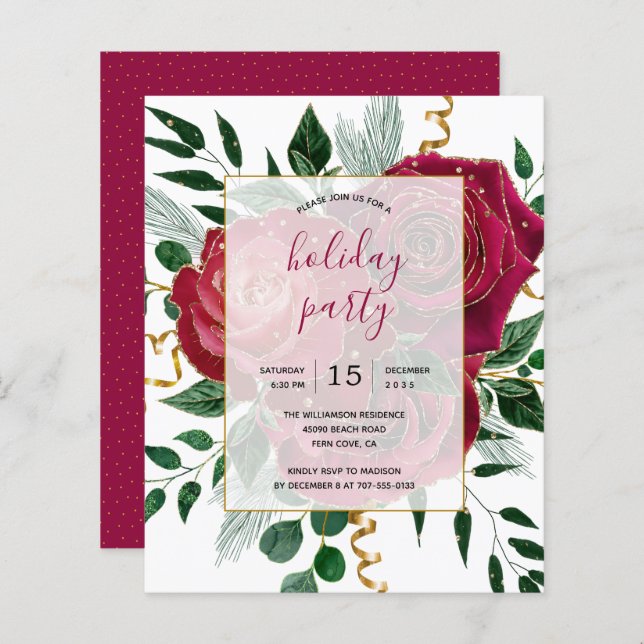 Budget Elegant Glam Red Roses Holiday Party Invite (Front/Back)