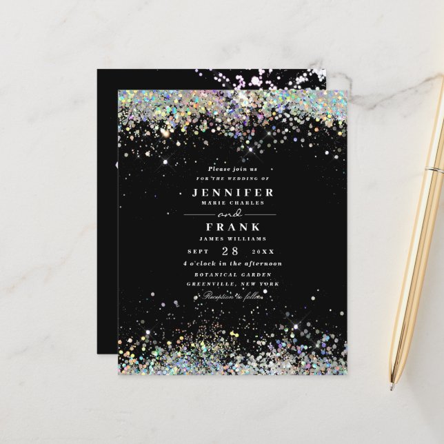 Budget Elegant Glitter Black Wedding Invitation (Front/Back In Situ)