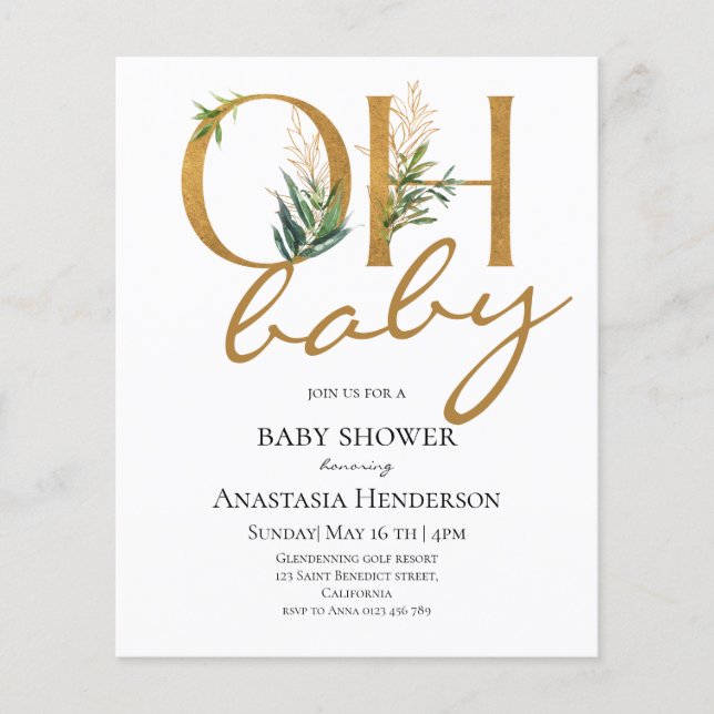 Budget Elegant Gold Baby Shower invitation. (Front)