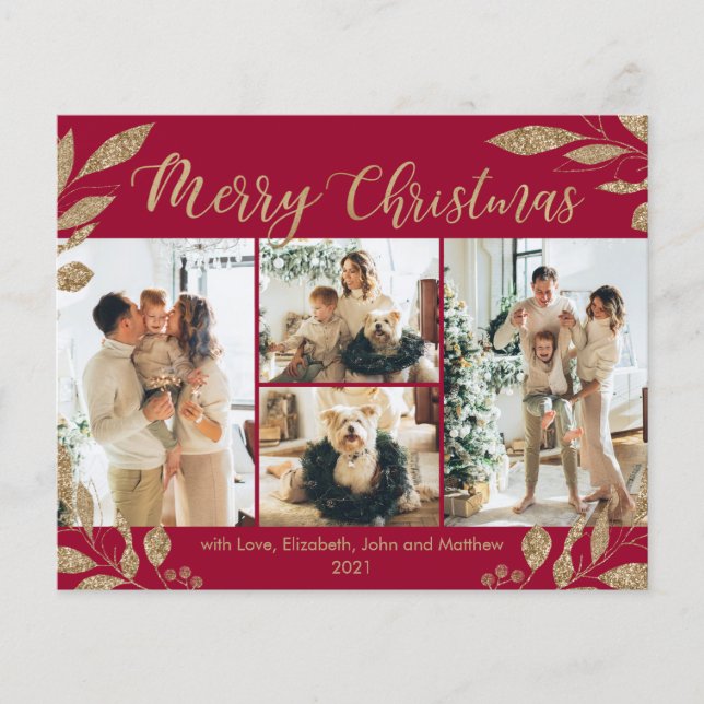 Budget Elegant Gold Burgundy Photo Christmas Card (Front)