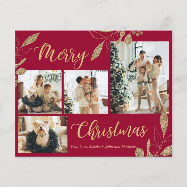 Budget Elegant Gold Burgundy Photo Christmas Card (Front)