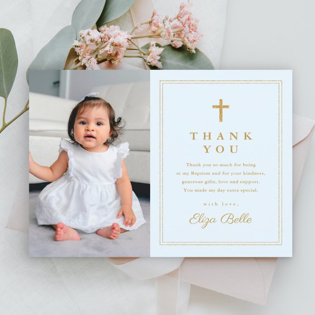 Budget Elegant Gold Cross Photo Baptism Thank You (Simple boys budget photo baptism thank you card with gold cross.)