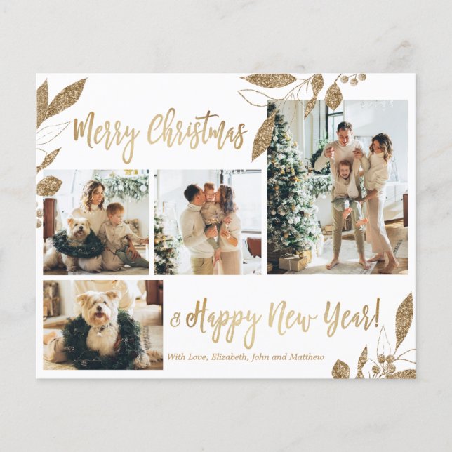 Budget Elegant Gold Foliage Photo Christmas Card (Front)