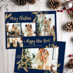 Budget Elegant Gold Leafy Photo Christmas Card<br><div class="desc">Budget, Elegant, Modern Gold and Navy Botanical Leaves 4 Photo Collage Merry Christmas Holiday Card. This festive, mimimalist, whimsical four (4) photo holiday card template features a pretty photo collage, faux gold foil botanical leaves, winterberries and says Merry Christmas and Happy New Year! The „Merry Christmas and Happy New Year!”...</div>
