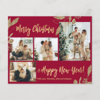 Budget Elegant Gold Leaves Photo Christmas Card