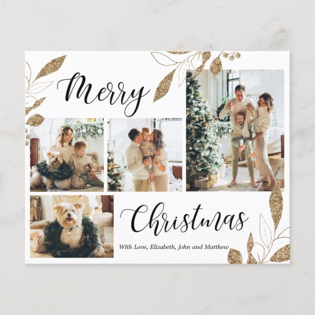 Budget Elegant Gold Leaves Photo Christmas Card (Front)