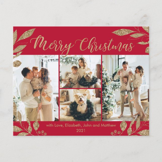 Budget Elegant Gold Red Photo Christmas Card (Front)