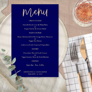 Budget Elegant Gold Script Navy Blue Wedding Menu