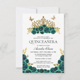 BUDGET Elegant Green Floral Gold Tiara Quinceanera Card