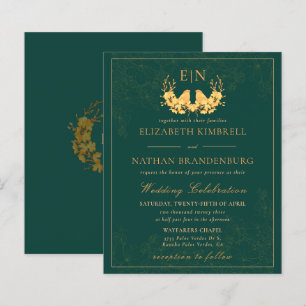 Budget Elegant Green Gold Monogram Wedding Invite