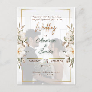 Budget Elegant Green & Gold Overlay Photo Wedding Postcard
