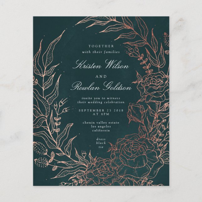 Budget Elegant Green Wreath Bronze Wedding Invite (Front)
